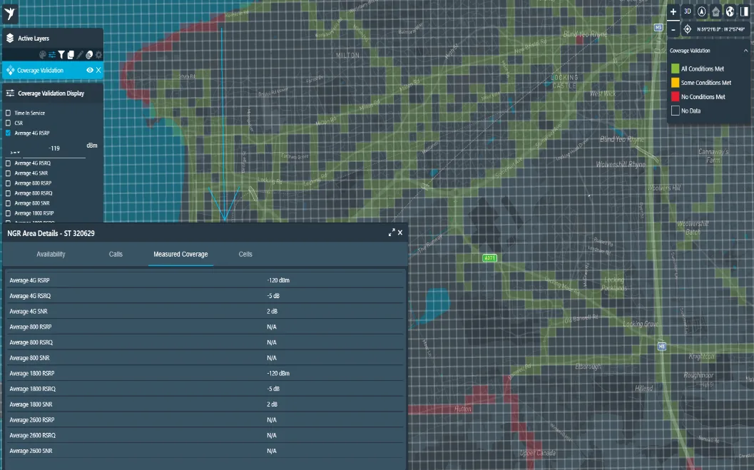 Coverage validation dashboard with actual versus predicted grid visualisation